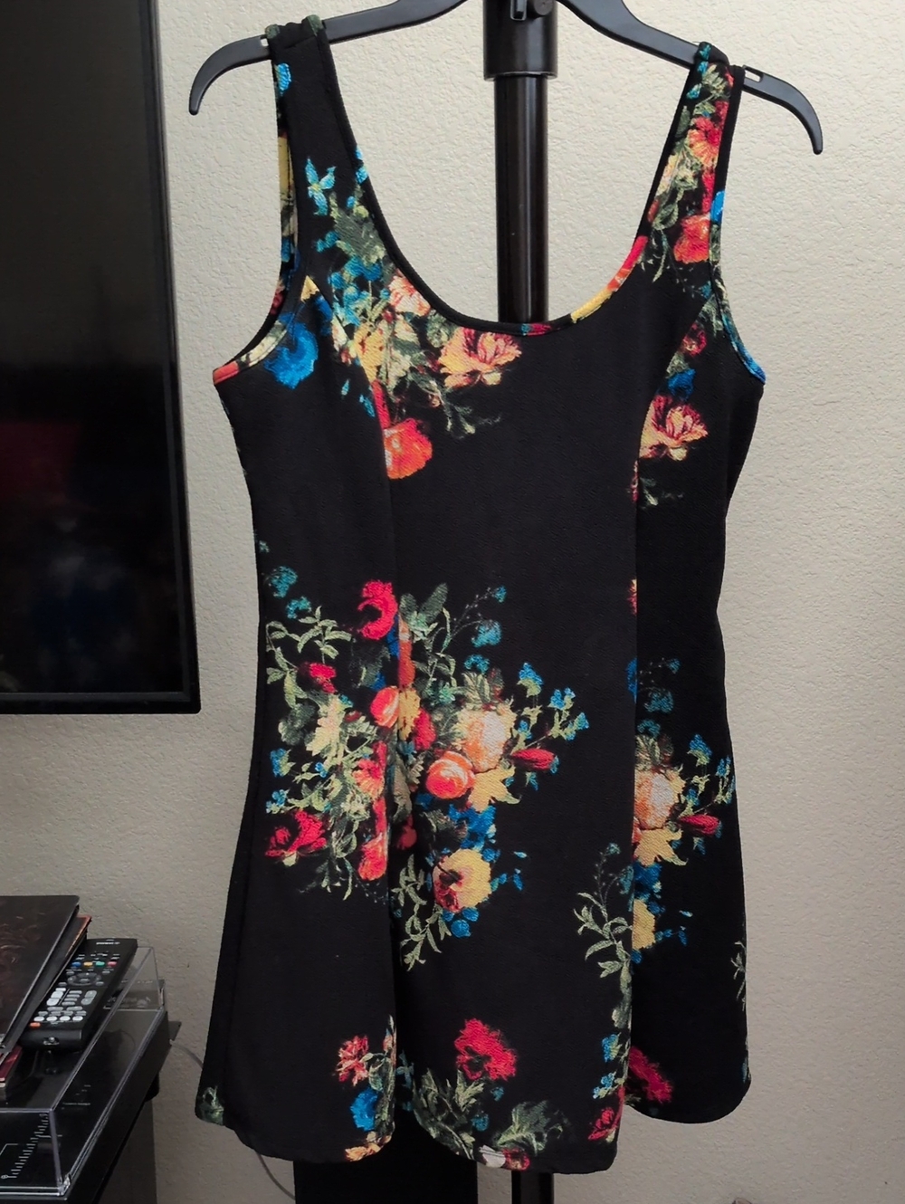 Black Floral Scoop Neck A-Line Dress
